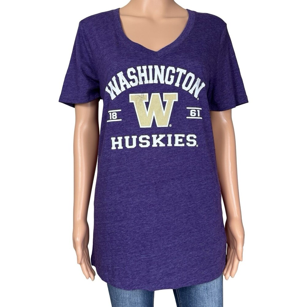Washington Huskies Womens Large Shirt Top Logo V-Neck 1861 NCAA Purple New